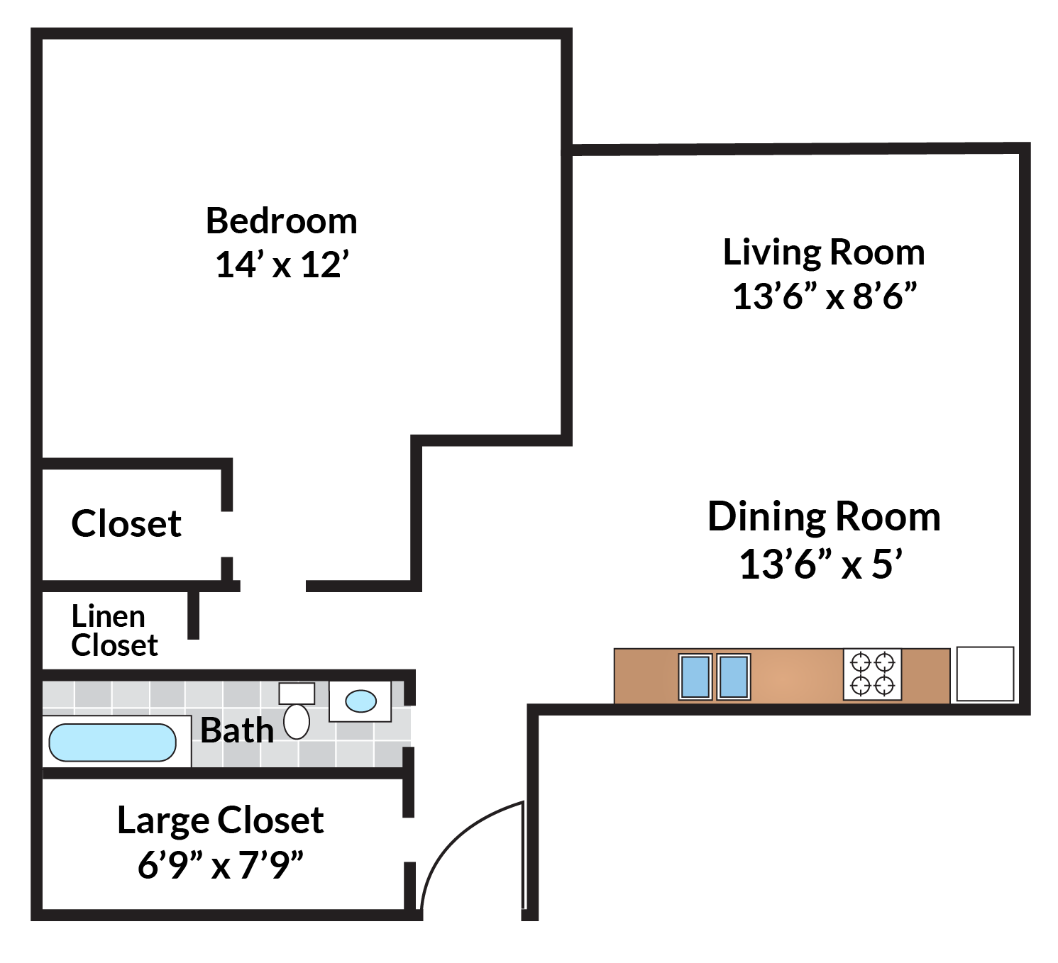 Floor plan for 1 bed, 1 bath, 529 sqft